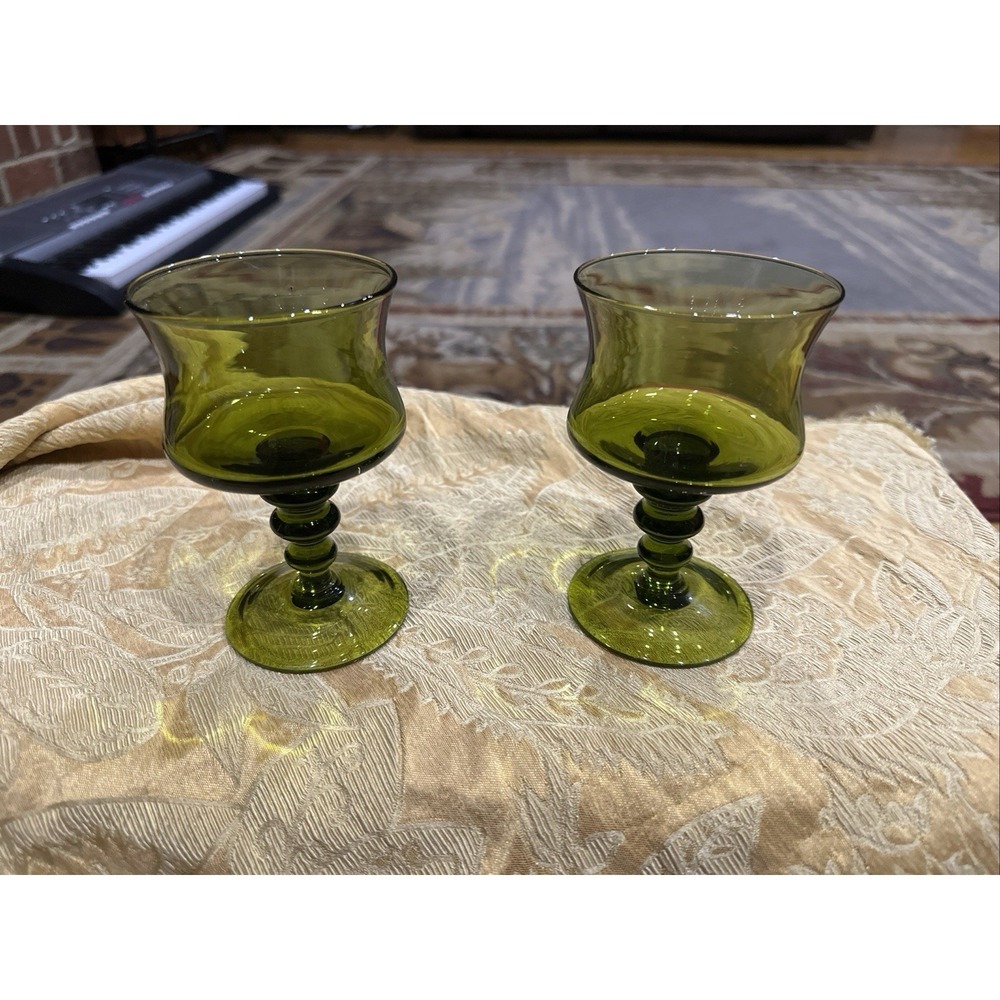 Set of 2 Vintage Green Stemmed Goblets Glass Ball Stem Mid Century